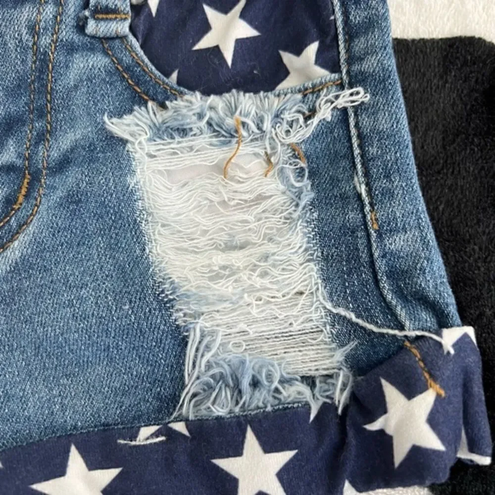 Stars and Stripes Distressed Denim Short Set 3XS (6-12 months) 4th of July Girls - Picture 7 of 16